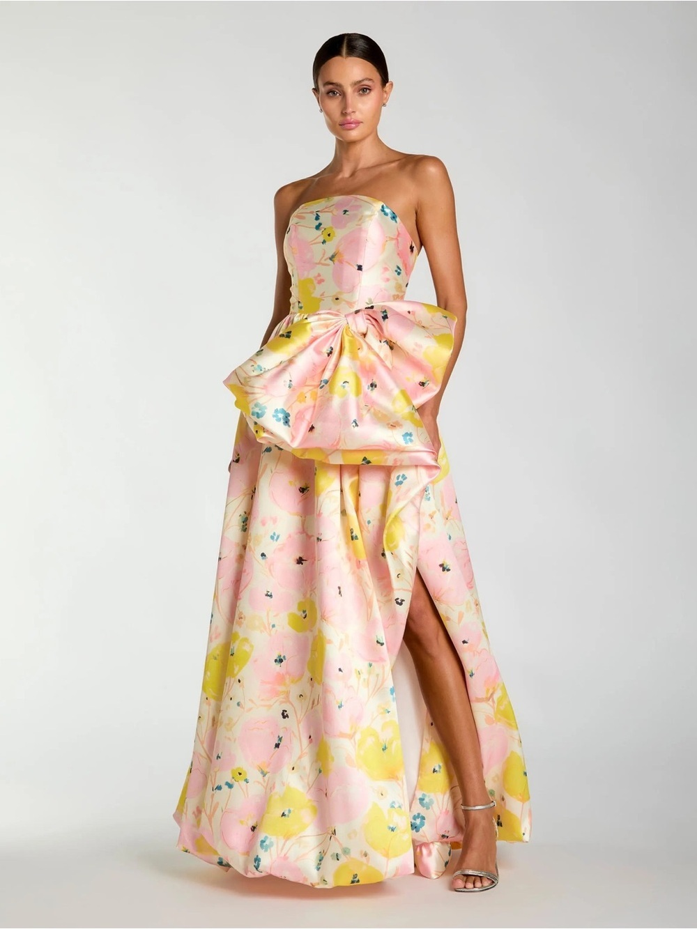 Mac Duggal 21376 Pink Strapless Floral Ball Gown With Bow Size 6 NWOT